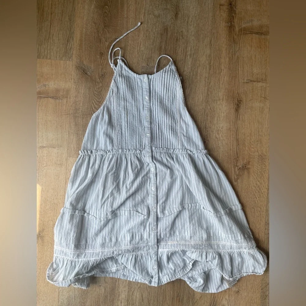Free People desert Blue Striped Ruffle Mini Dress Cotton Summer beach M